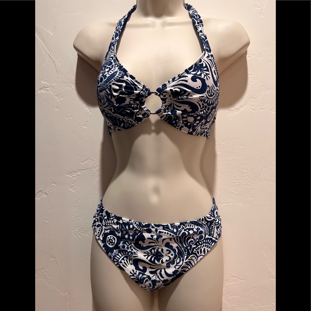 Lauren, RL, navy/white bikini with ruched detail at hips. Ample coverage bottom